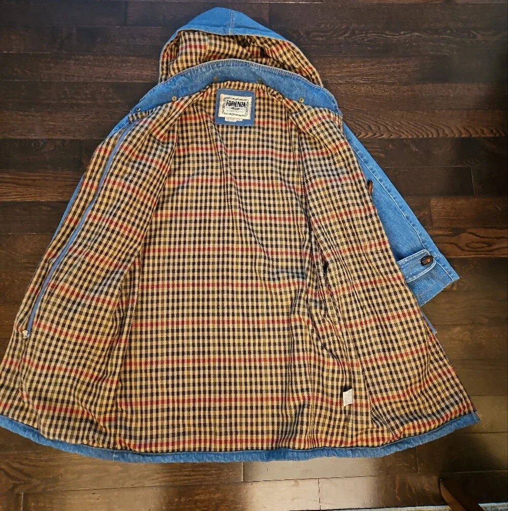 Vintage 90s Denim Duffle Coat Hooded Toggle Jacket Plaid Lined [Forenza]